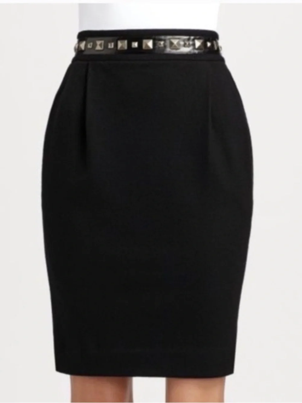 Tory Burch Black Wool Pencil Skirt Studded Waist Leather Trim Pockets Size Large